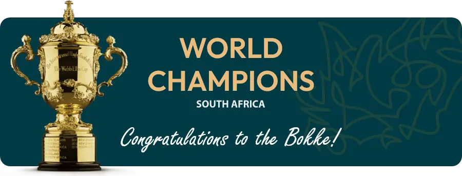 Congratulations message to the springbok, winners of the rugby world cup 2023, with the world cup